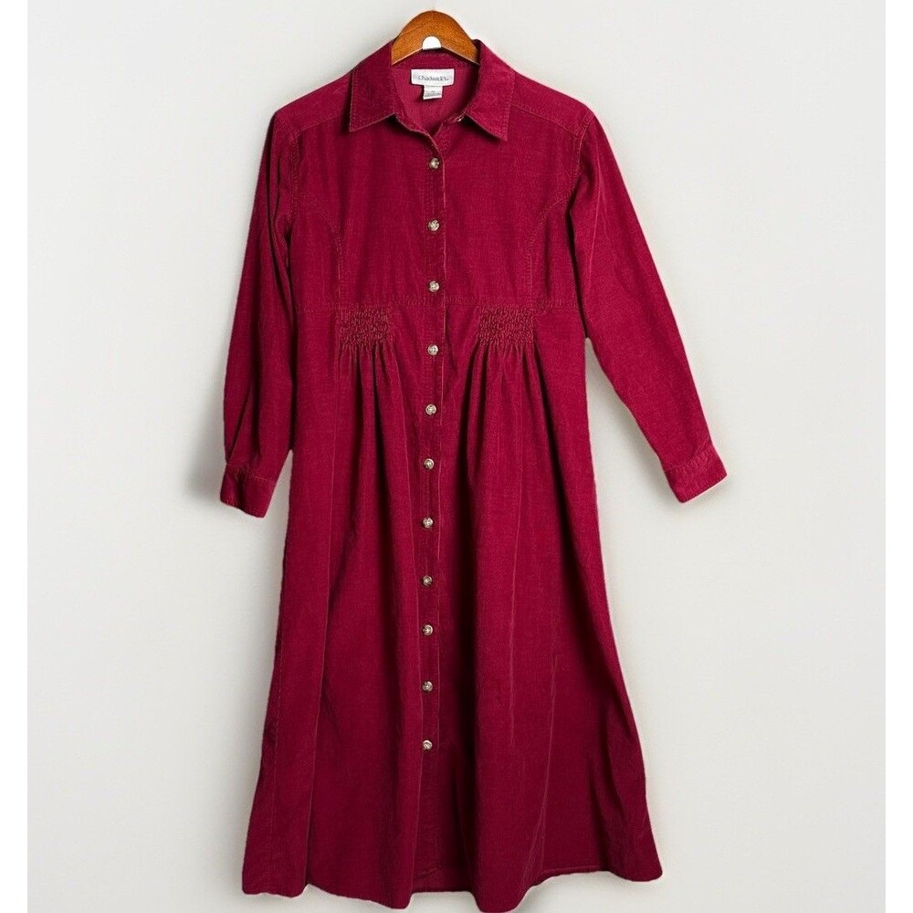 Chadwicks Corduroy Maroon Red Cottagecore Demure Prairie Modest Dress Sz 6P